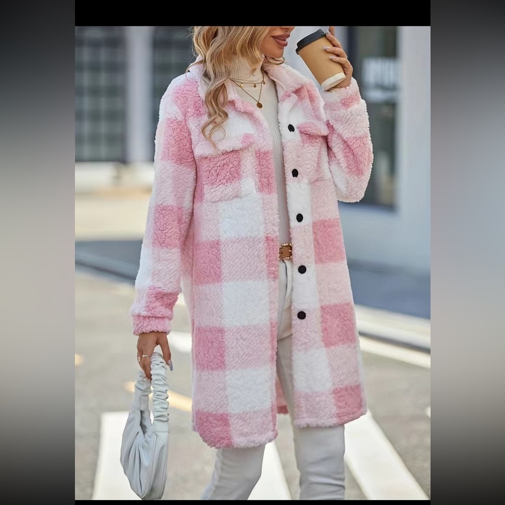 Plaid Pattern Teddy Coat, Casual Button Front Long Sleeve Outerwear, - Picture 3 of 5